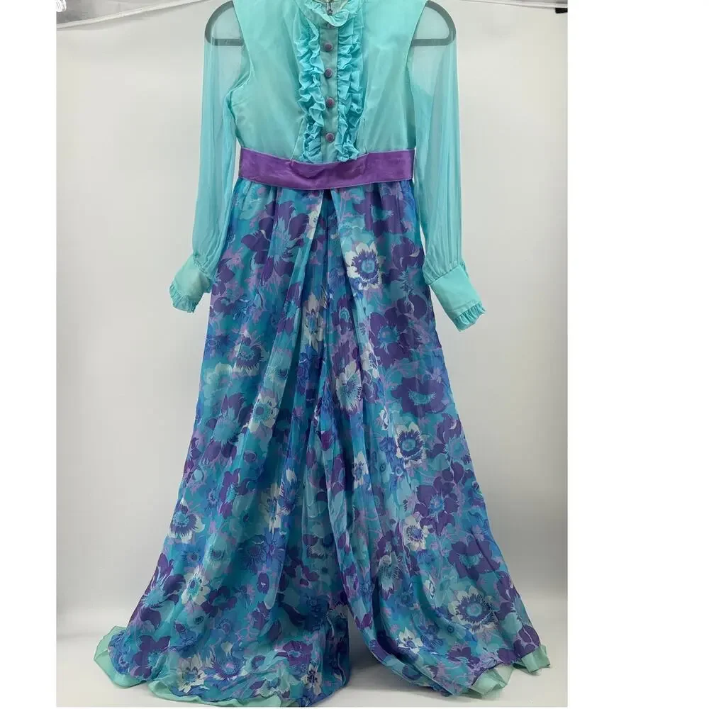 Vintage 70s Chiffon Wide Leg Jumpsuit Ruffle Neck Empire Waist Size 7 READ - Picture 2 of 16